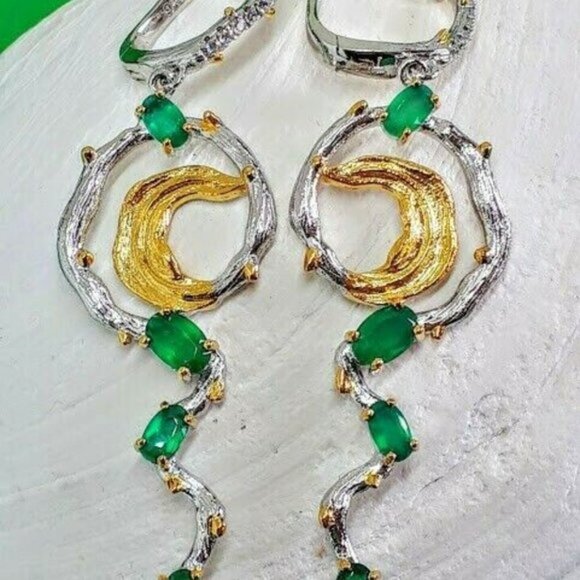 Natural Green Agate 925 Sterling Silver Handmade Earrings. - Picture 2 of 7